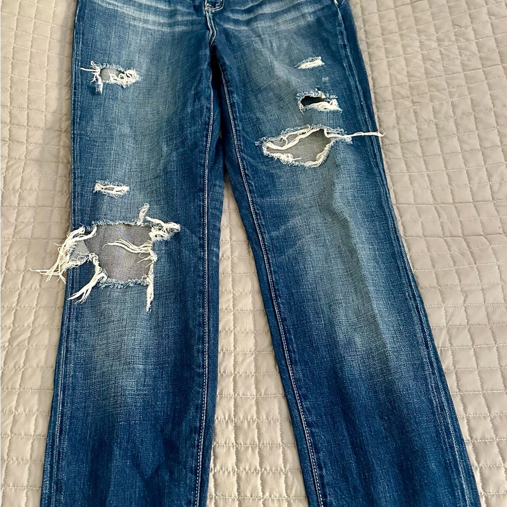Buckle Distressed Denim Straight Leg Jeans